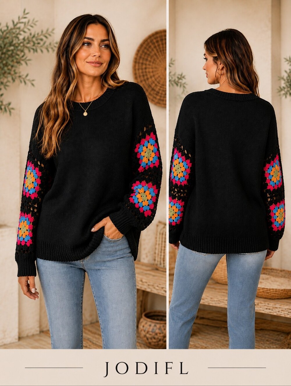 JODIFL Black Knit Sweater Colorful Crochet Granny Square Sleeves Boho Womens M